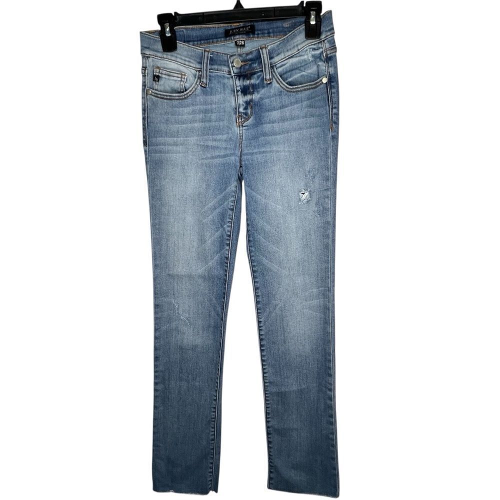 Judy Blue Distressed Straight Fit Light Wash Blue Skinny Women Jeans Sz 7/28